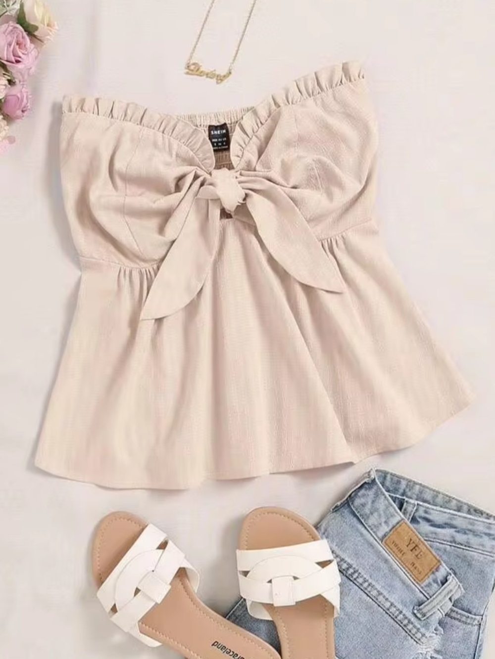 SHEIN White Pinstripe Strapless Tie Front Peplum Top - Size Large